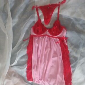 Elegant Red and Pink Lace Chemise Set